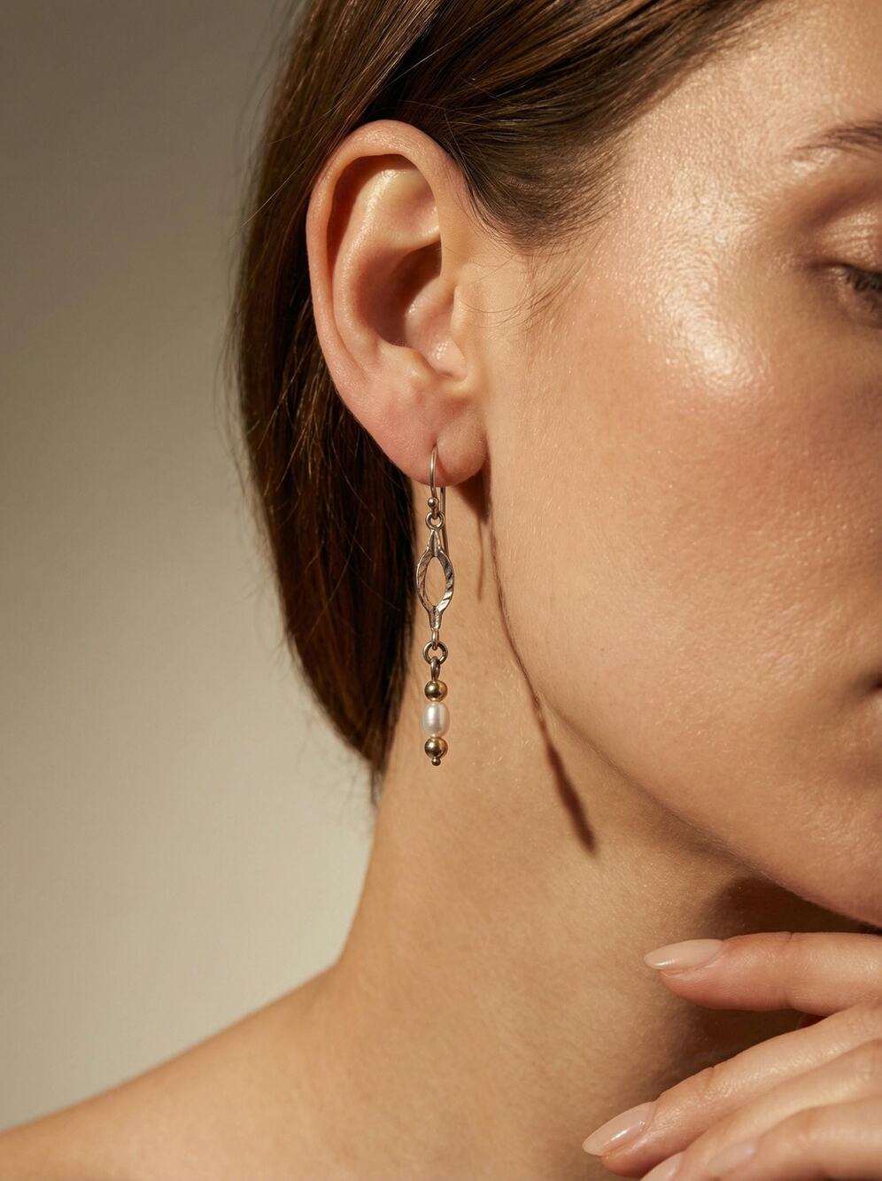 Mixed Metal Pearl Drop Earrings, Sterling and Gold-Tone